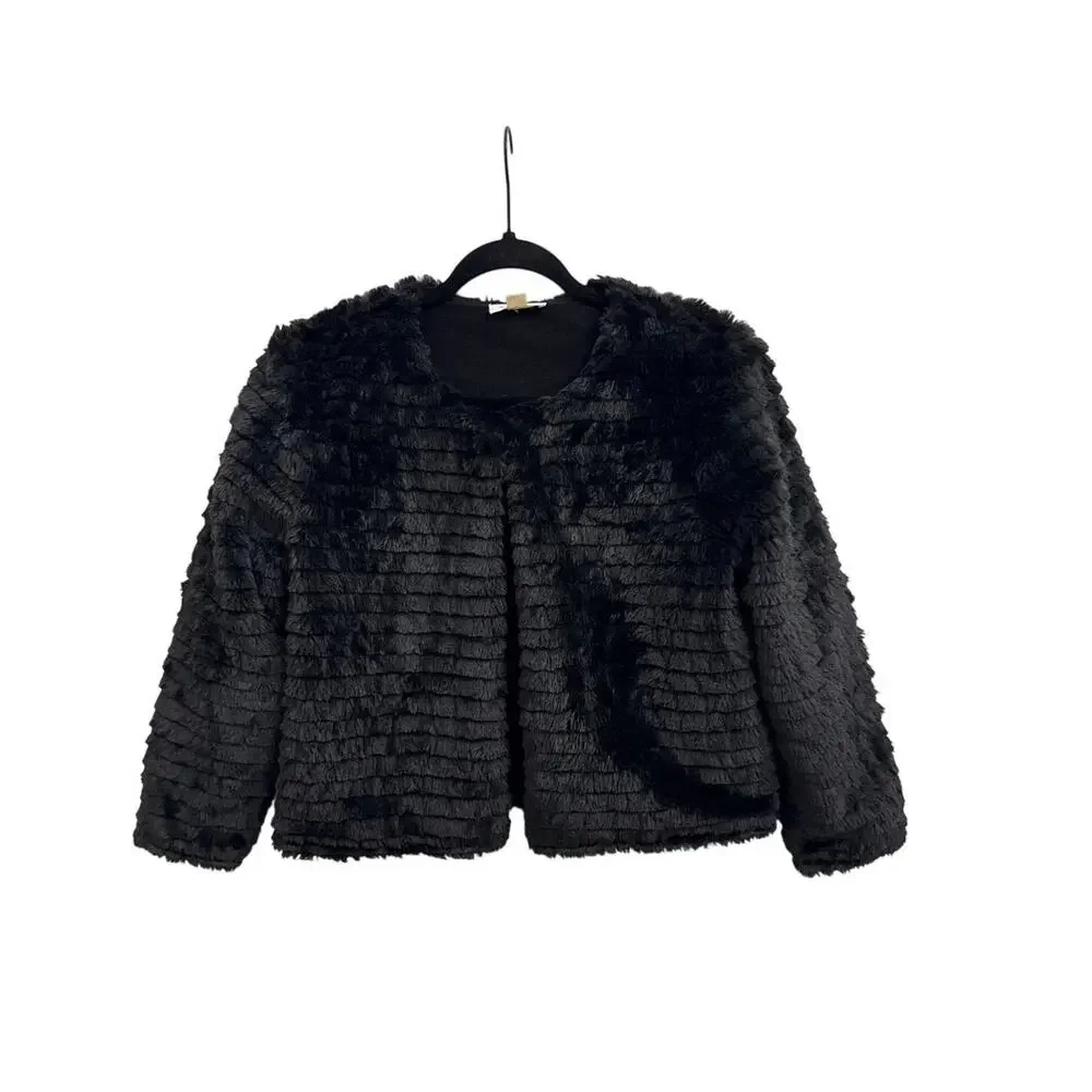 Calvin Klein Black Faux Fur Coat Plush Crop Layering Versatile Jacket Medium
